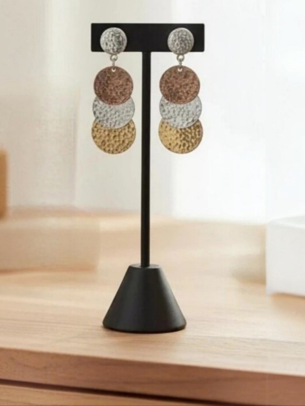 Chico’s Hammered Mixed Metal Disc Dangle Earrings Gold Silver Bronze NWT